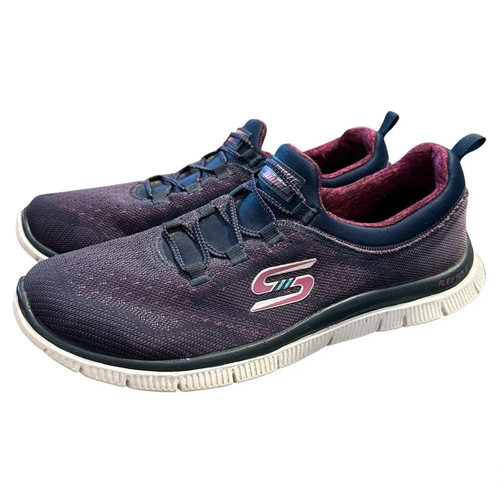 Skechers Flex Appeal 2.0 Navy Pink Slip On Sneakers‎ Memory Foam Women's 10